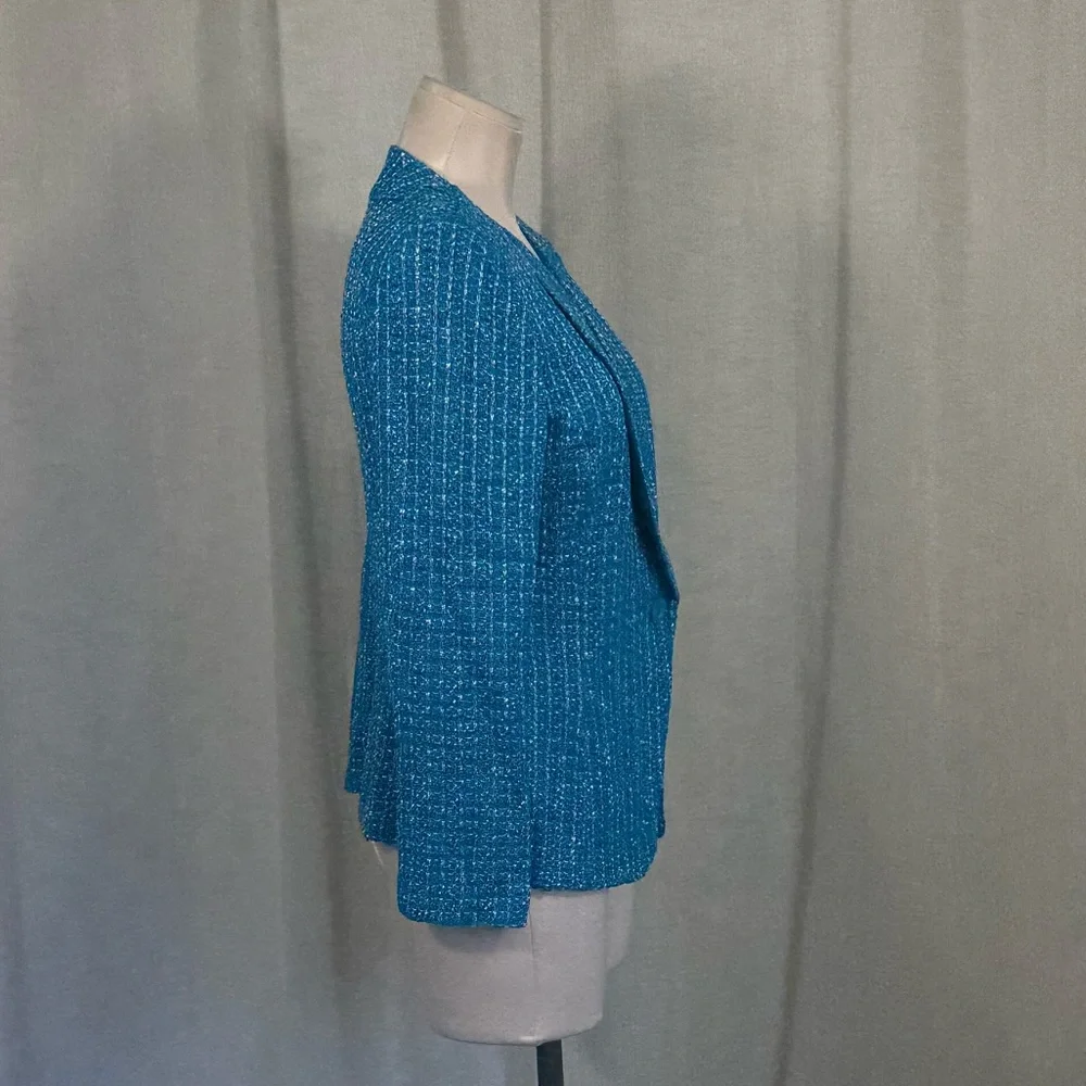 ST. JOHN Knits Boucle Tweed Blazer Wool Blend Stretch Blue White Jacket Size 10 - Picture 3 of 13